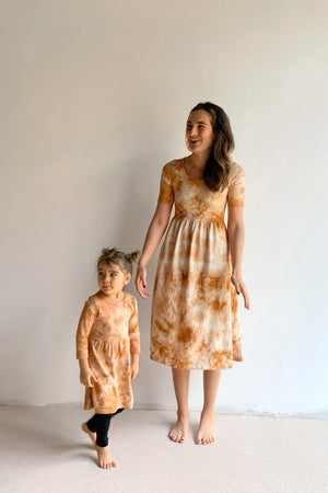 Tie Dye Long Sleeve Organic Gathered Dress - Amber